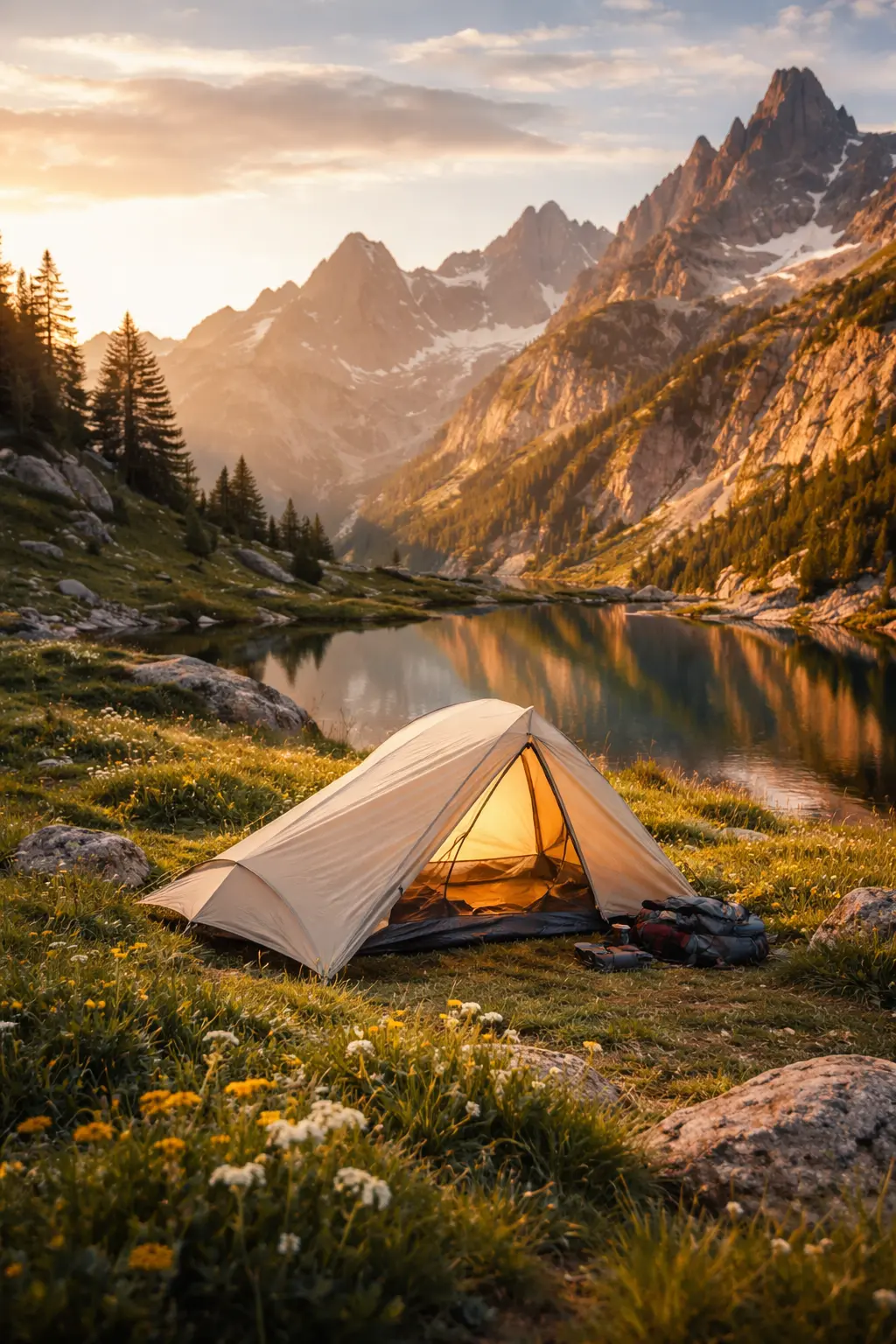 Guide pour Choisir sa Tente de Bivouac, tente, bord de lac, montagne, été, fleurie