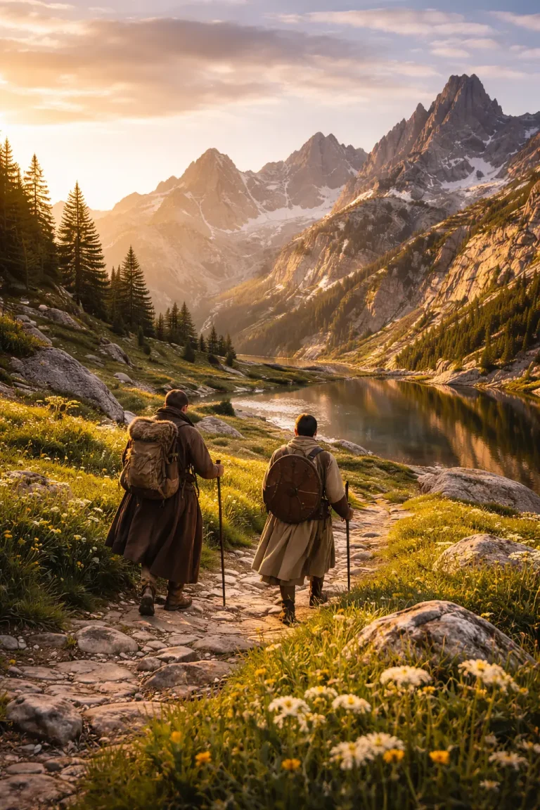 L'Origine Historique de la Randonnée, deux randonneurs de dos en montagne été et fleurie