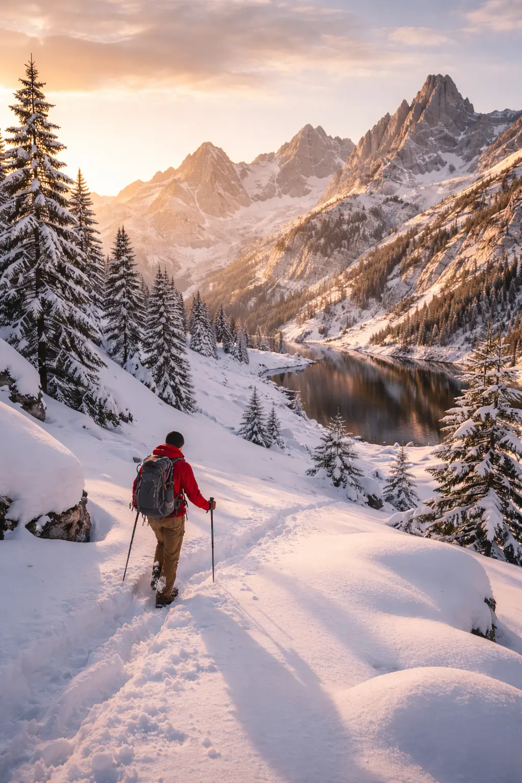 Équipement essentiel pour la randonnée hivernale, montagne enneigée, randonneur en raquettes