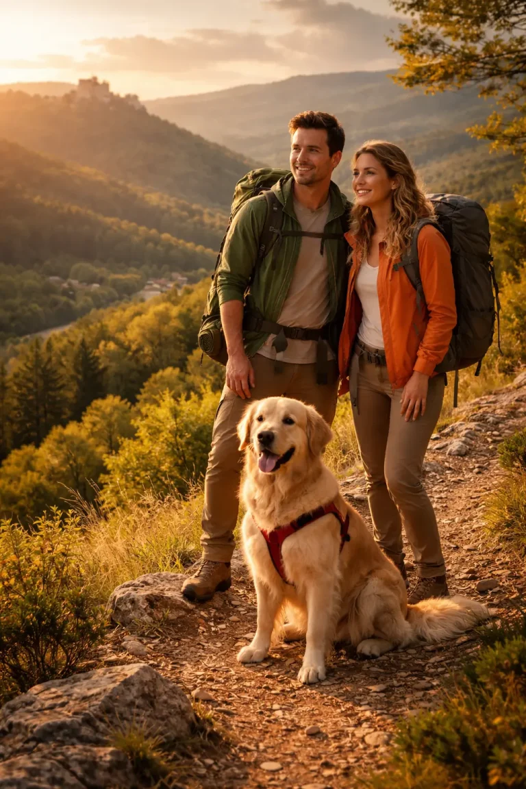 Conseils pour Randonner avec votre Chien, couple de randonneurs avecl eur chien en montagne
