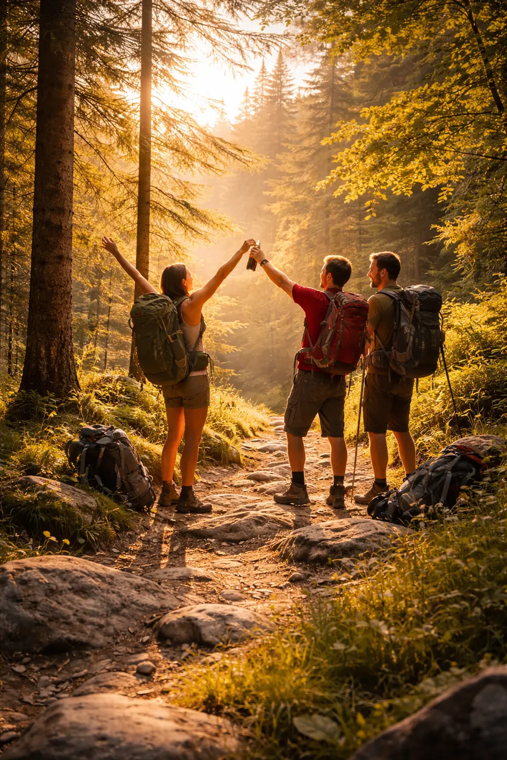 Conseils pour une randonnée réussie en montagne, trois amis randonneurs heureux en forêt, montagne