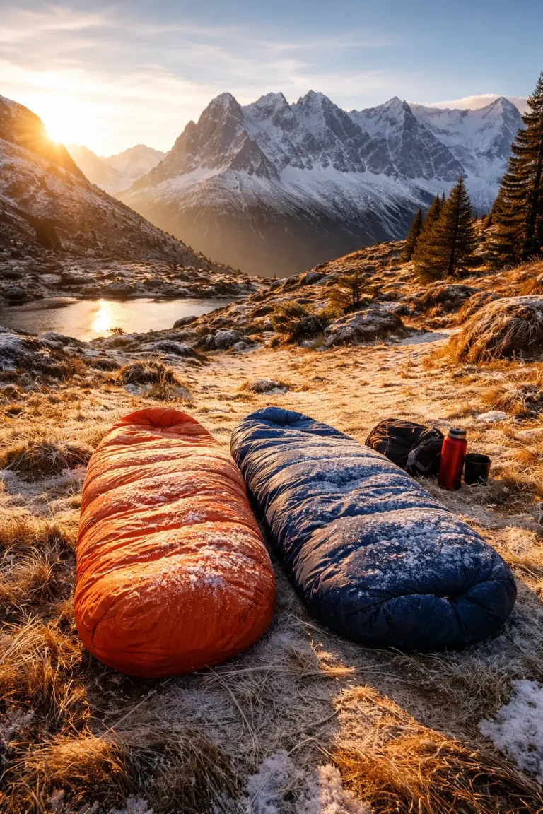 Guide d'Achat : Sac de Couchage et Températures, deux sacs de couchage vides en montagne au bord d'un lac