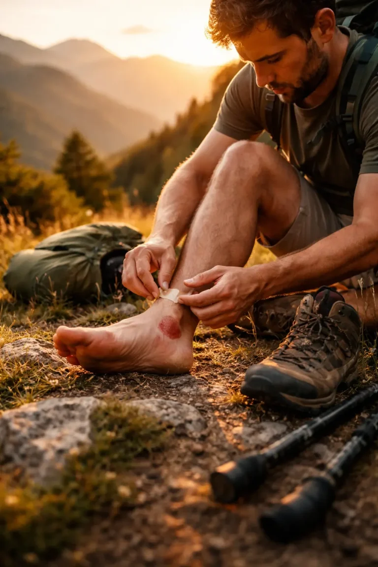 Prévenir les Ampoules Lors de Vos Randonnées, homme randonneur soigne ses ampoules en montagne